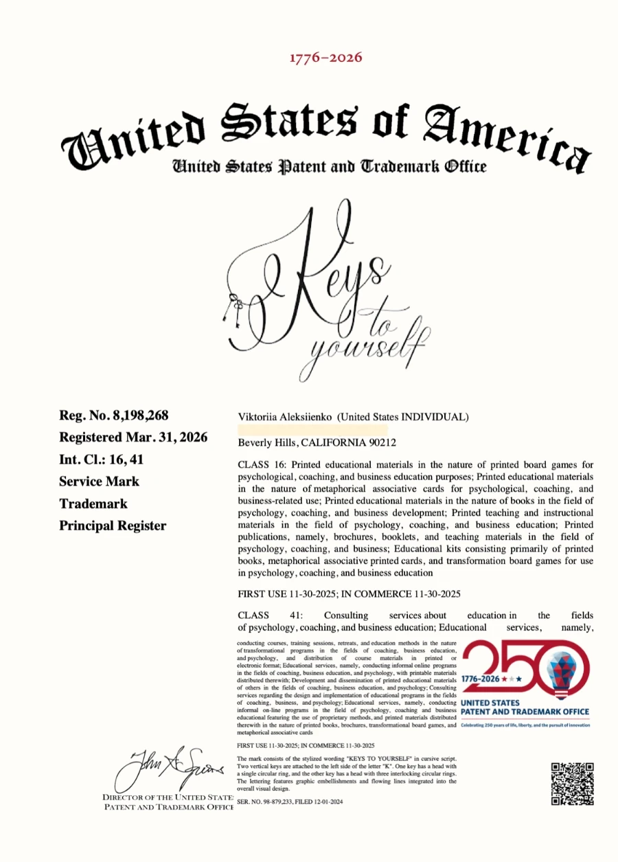 United States Patent and Trademark Office — Keys to yourself Reg. No. 8,198,268