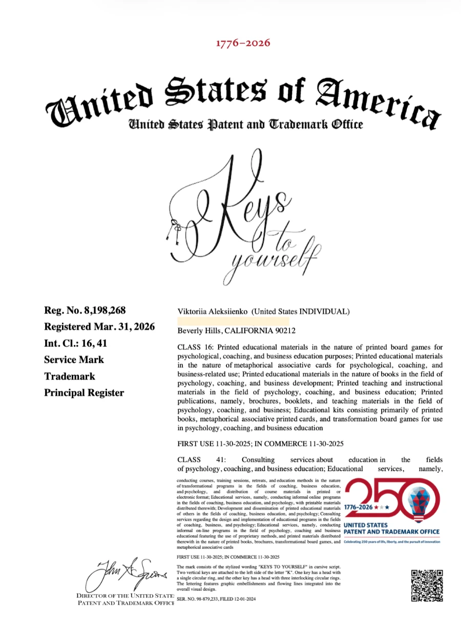 United States Patent and Trademark Office — Keys to yourself Reg. No. 8,198,268