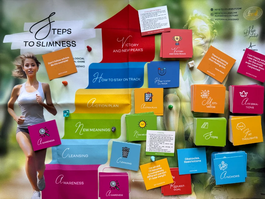 Steps to Slimness — card decks and game board
