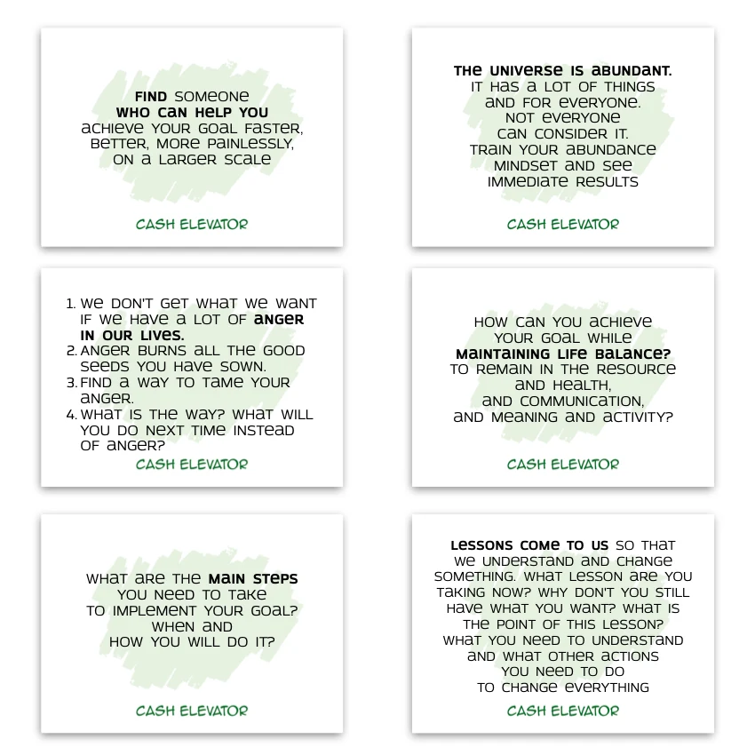 Metaphorical associative cards “Cash Elevator” — sample cards, 1