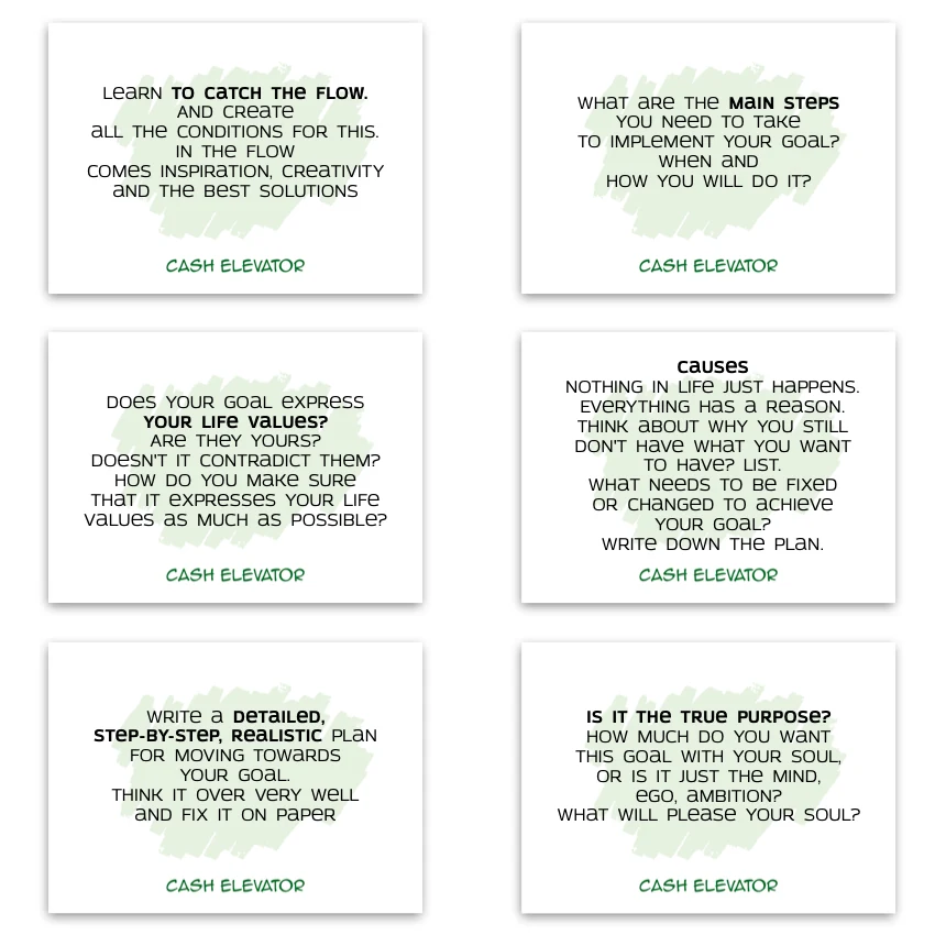 Metaphorical associative cards “Cash Elevator” — sample cards, 2
