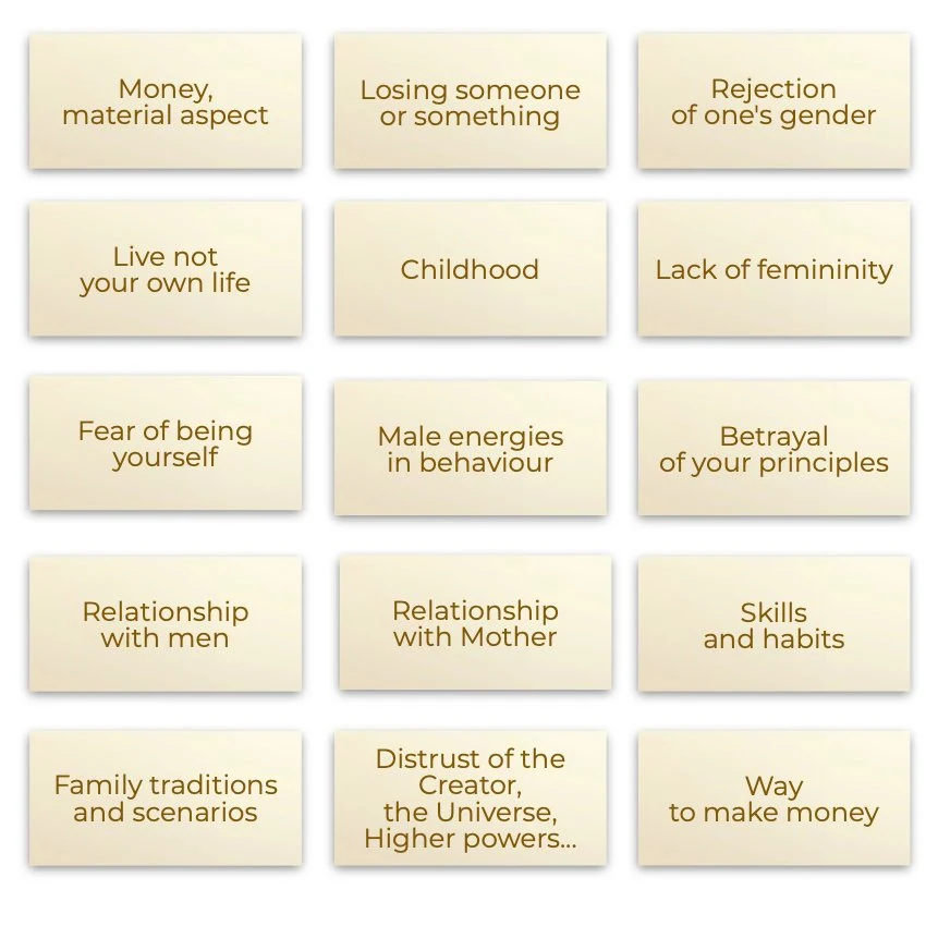 Metaphorical associative cards “Breakdowns of Feminine Energy” — sample cards, 1