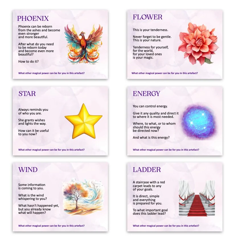 Metaphorical associative cards “Artifacts of Feminine Power” — sample cards, 1