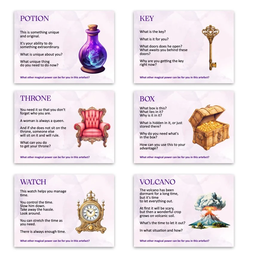 Metaphorical associative cards “Artifacts of Feminine Power” — sample cards, 2